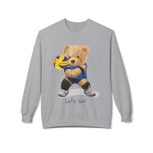Cheerful Volleyball Bear Crewneck Sweatshirt, Cozy Fleece Top, Cute Sports Apparel, Unisex Gift for Athletes, Casual Wear, Let's Go! Sport Grey