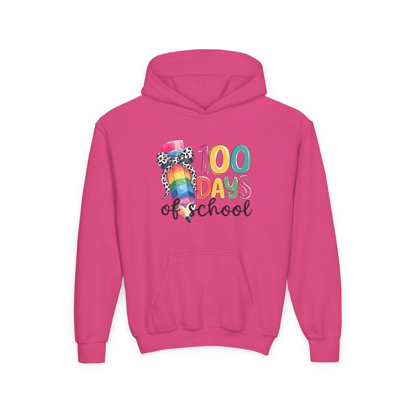 Colorful 100 Days of School Youth Hoodie, Fun School Celebration Sweatshirt, Back-to-School Gift, Kids Fashion, Classroom Style Heliconia