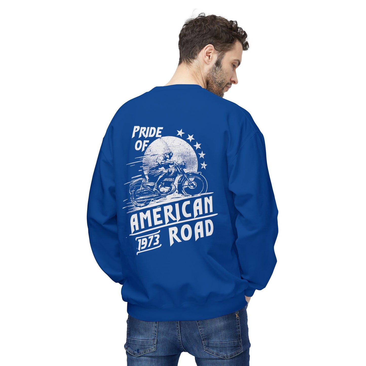 Pride of American Road Crewneck Sweatshirt, Cozy Unisex Fleece Top, Ideal Gift for Bikers, Road Trip Apparel, 1973 Vintage Style