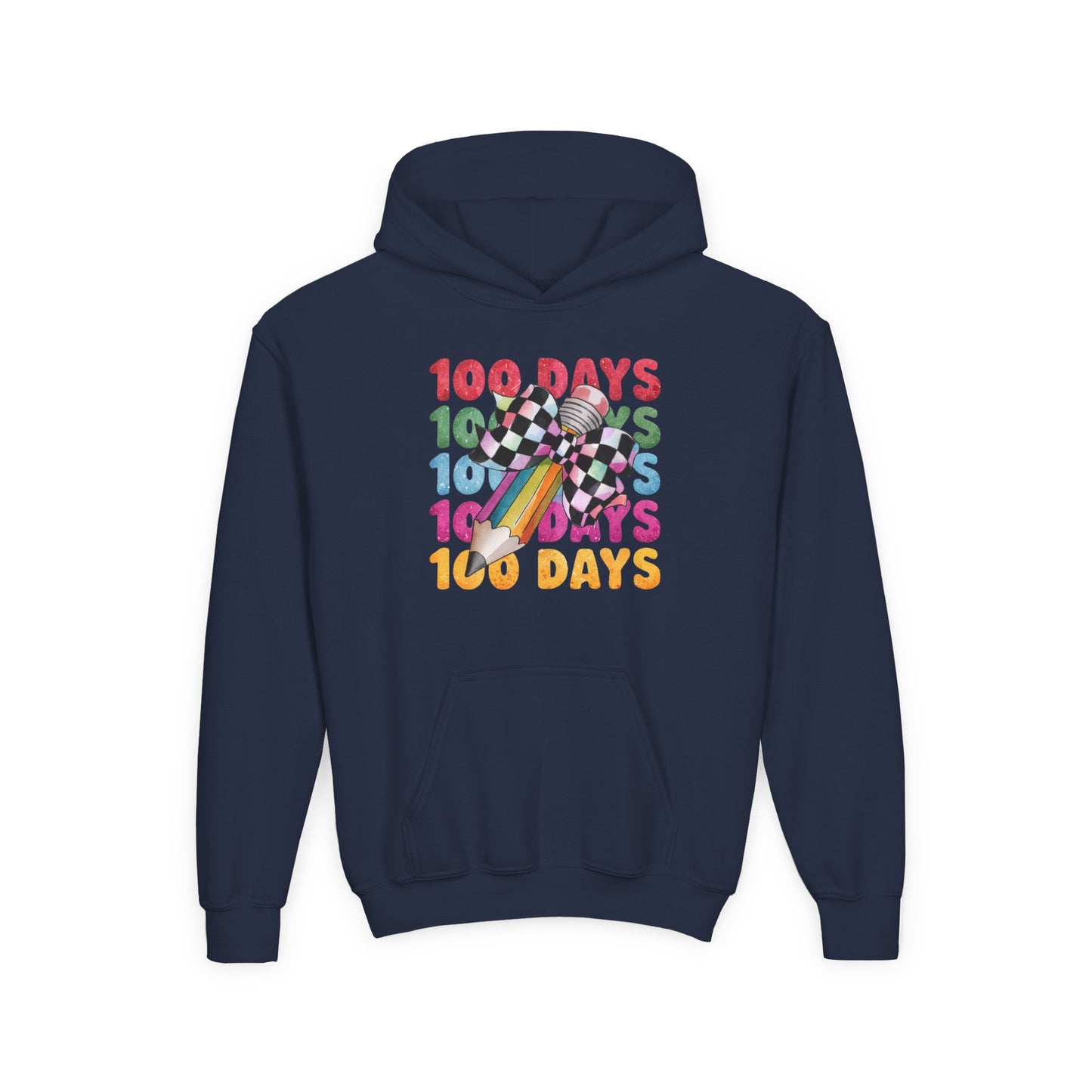 Colorful 100 Days Hoodie for Kids, Fun Sweatshirt for School Celebrations, Youth Fashion, Unique Gift for Students, Cozy Everyday Wear Navy