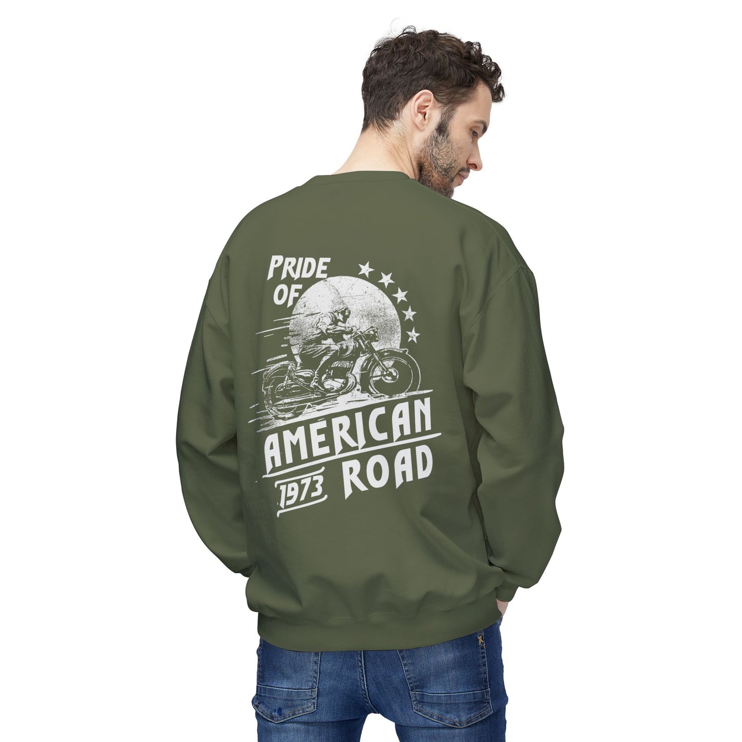 Pride of American Road Crewneck Sweatshirt, Cozy Unisex Fleece Top, Ideal Gift for Bikers, Road Trip Apparel, 1973 Vintage Style