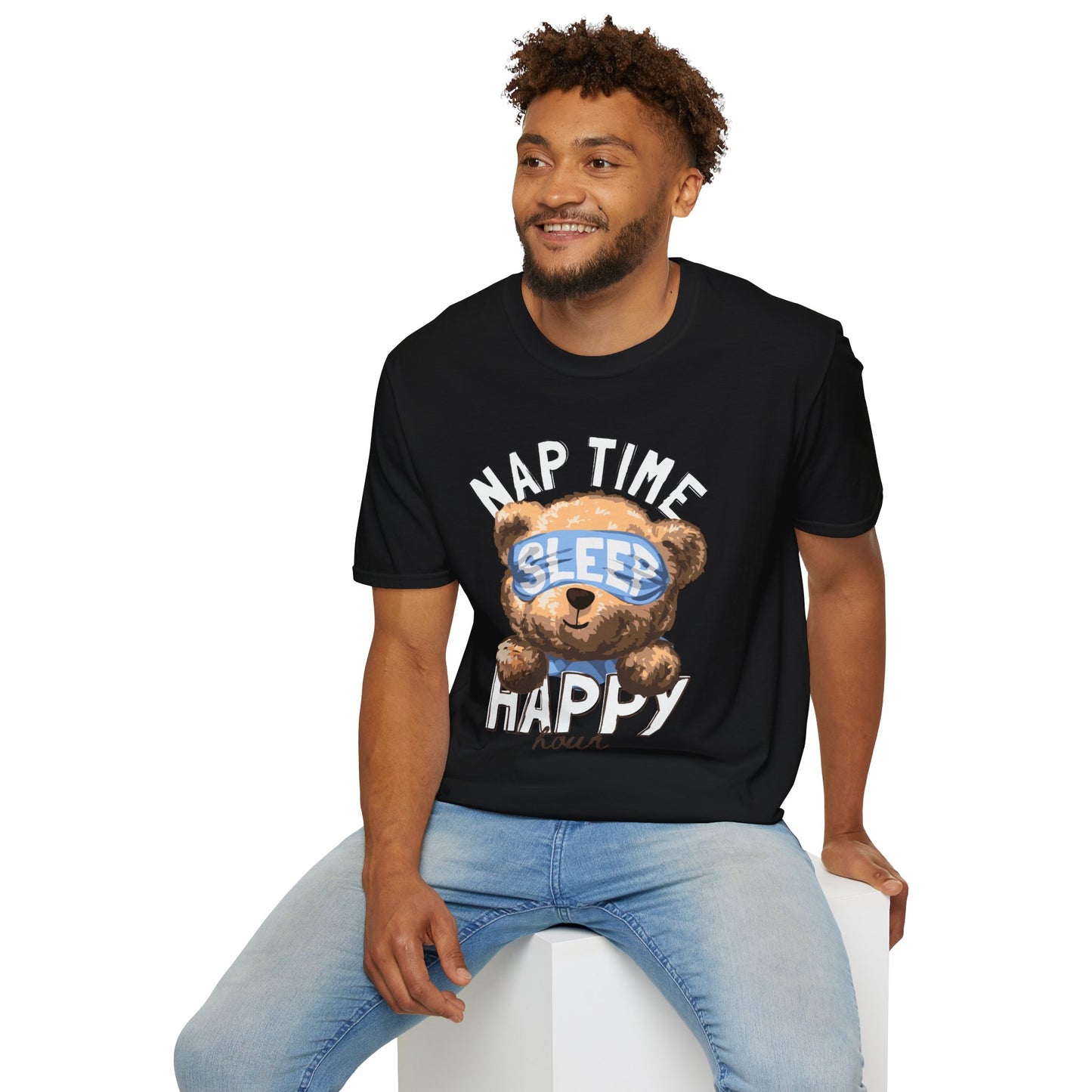 Nap Time Happy Bear Unisex T-Shirt, Sleep Shirt, Cute Graphic Tee, Cozy Relaxed Wear, Gift for Nappers, Funny Pajama T-Shirt Black