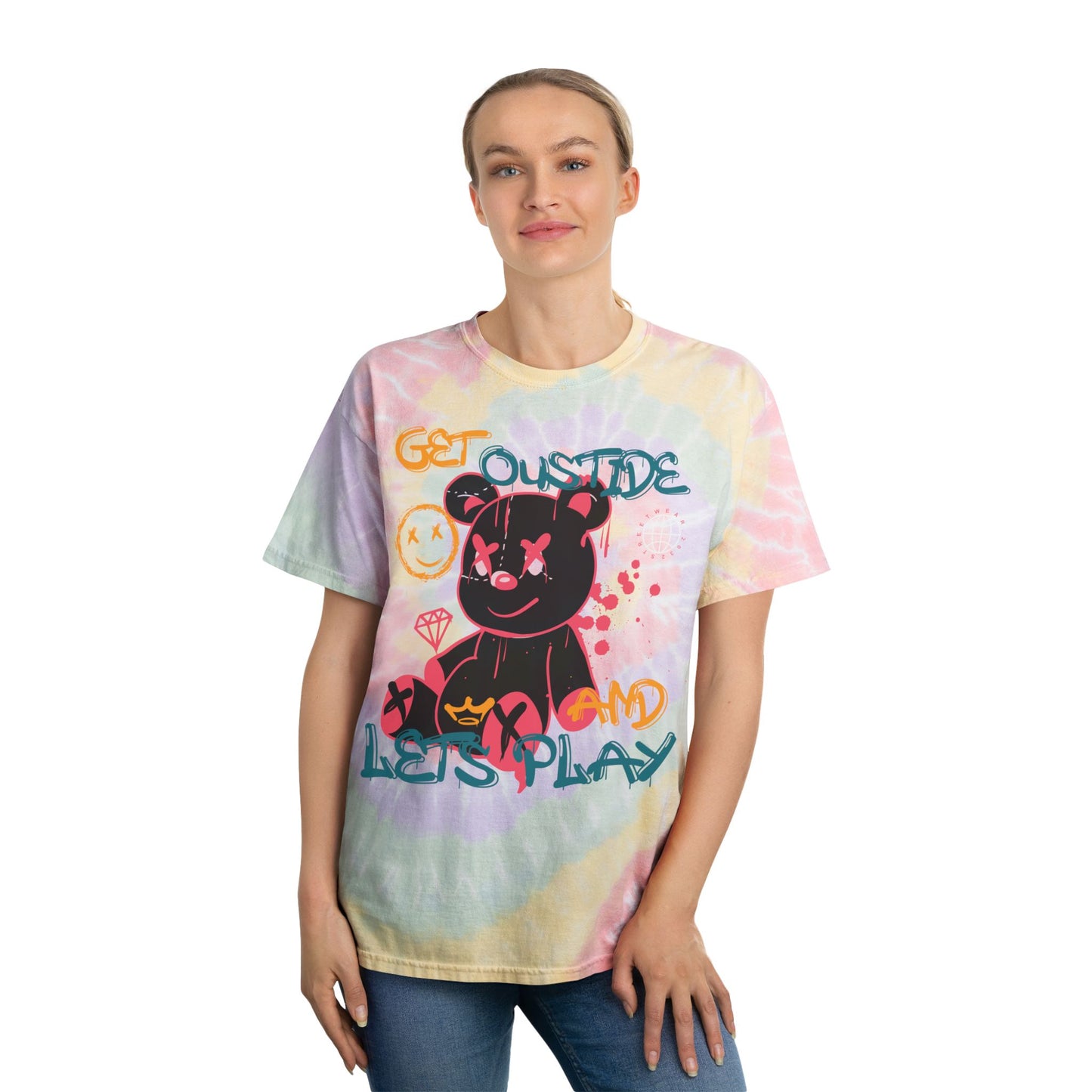 Unisex "Get Outside & Let's Play" Tie Dye T-Shirt – Playful Streetwear Graphic Tee with Edgy Teddy Bear – Soft Cotton Hazy Rainbow