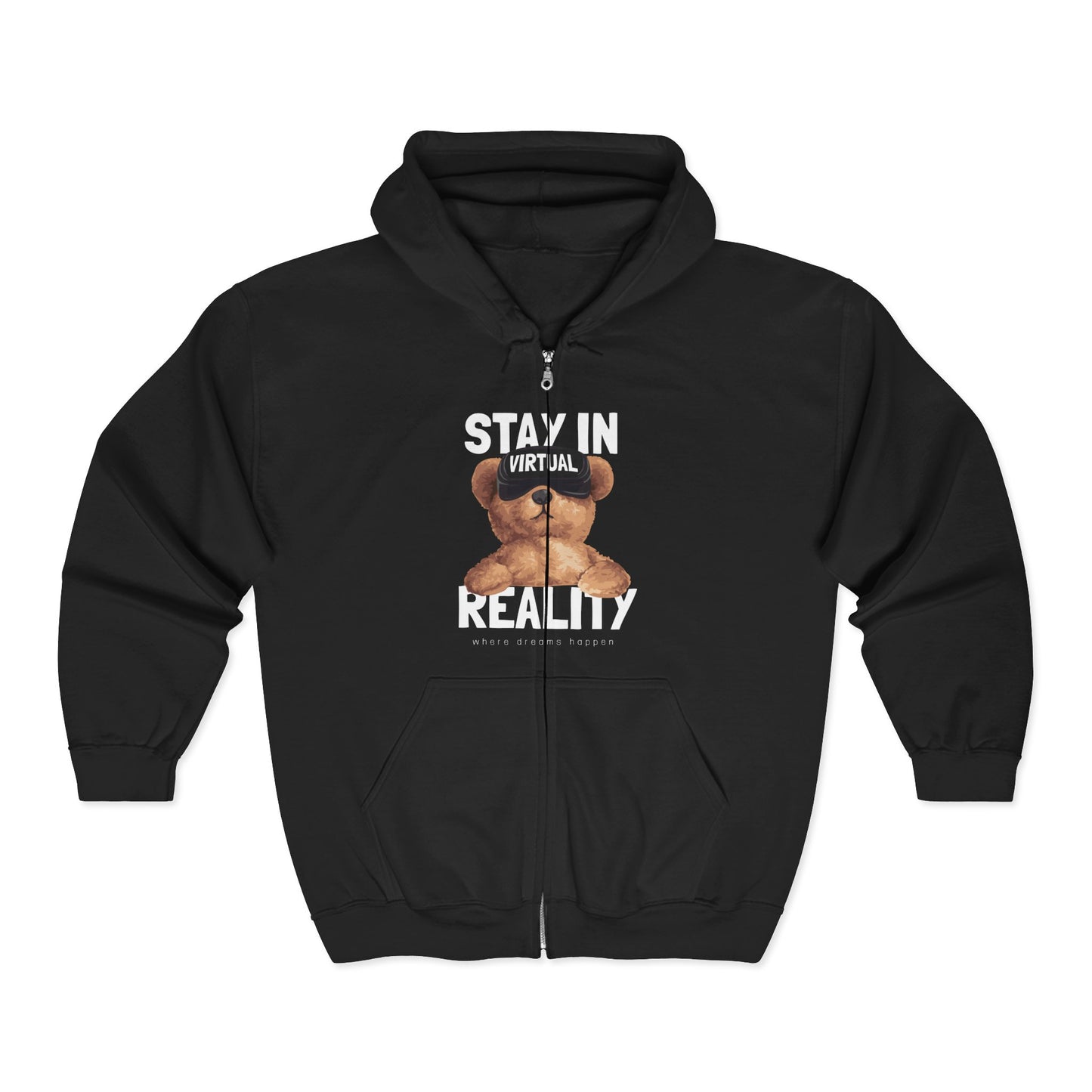 Stay in Virtual Reality Hoodie, Unisex Full Zip Sweatshirt, Perfect for Gamers, Gift for Tech Lovers, Cozy Layer for All Seasons Black