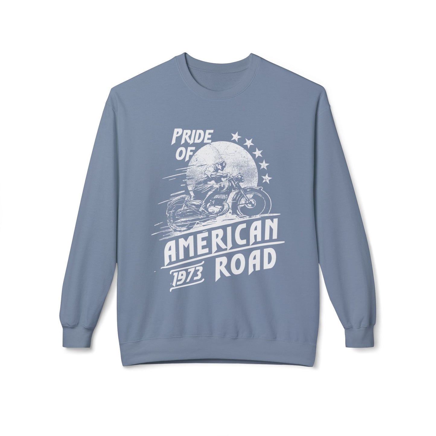 Pride of American Road Crewneck Sweatshirt, Cozy Unisex Fleece Top, Ideal Gift for Bikers, Road Trip Apparel, 1973 Vintage Style Stone Blue