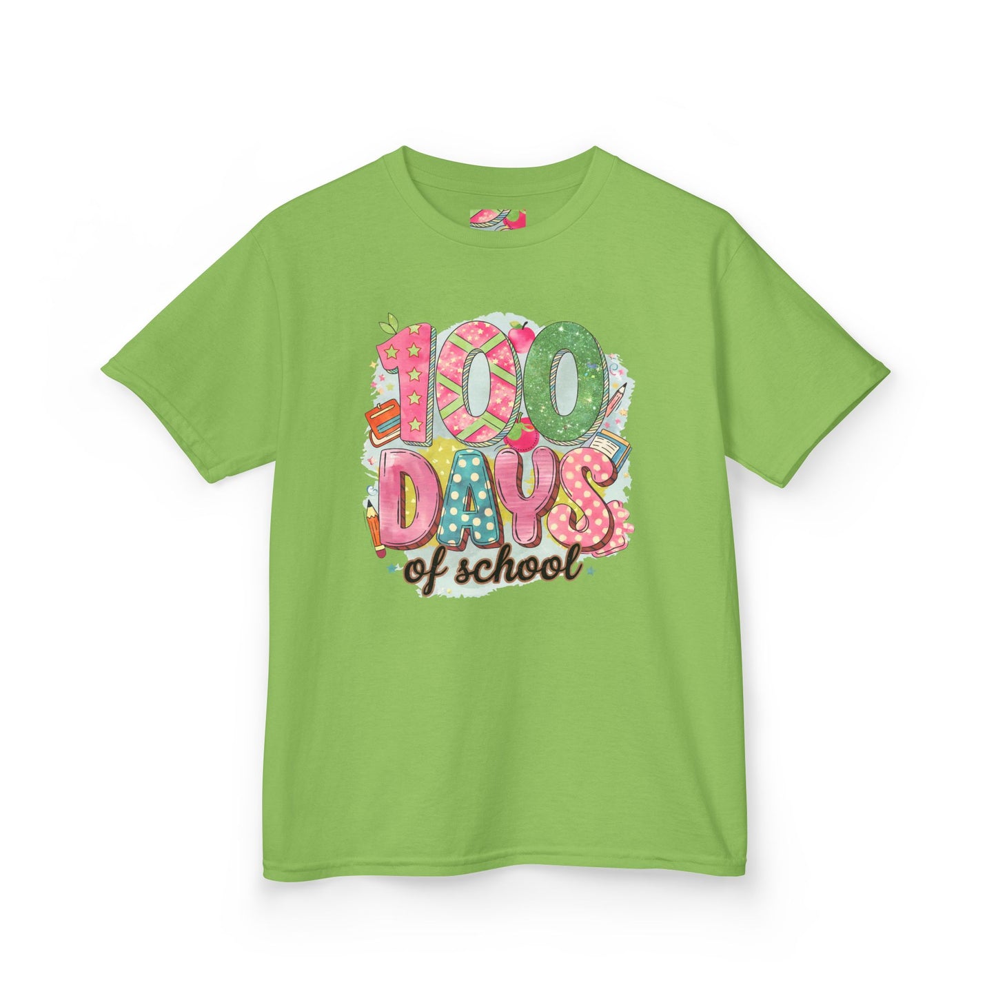 Kids 100 Days of School Tee, Fun t-shirt for kids, Milestone celebration shirt, Perfect for school events, Unique kids' apparel Lime