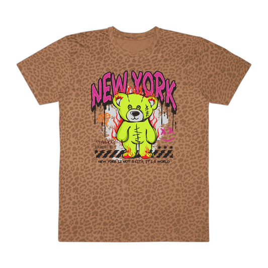 New York Graphic Tee with Funky Bear Design, Casual Men’s Fashion, Streetwear Style, Unique Gift for Him, Trendy Tee for All Occasions Brown Leopard