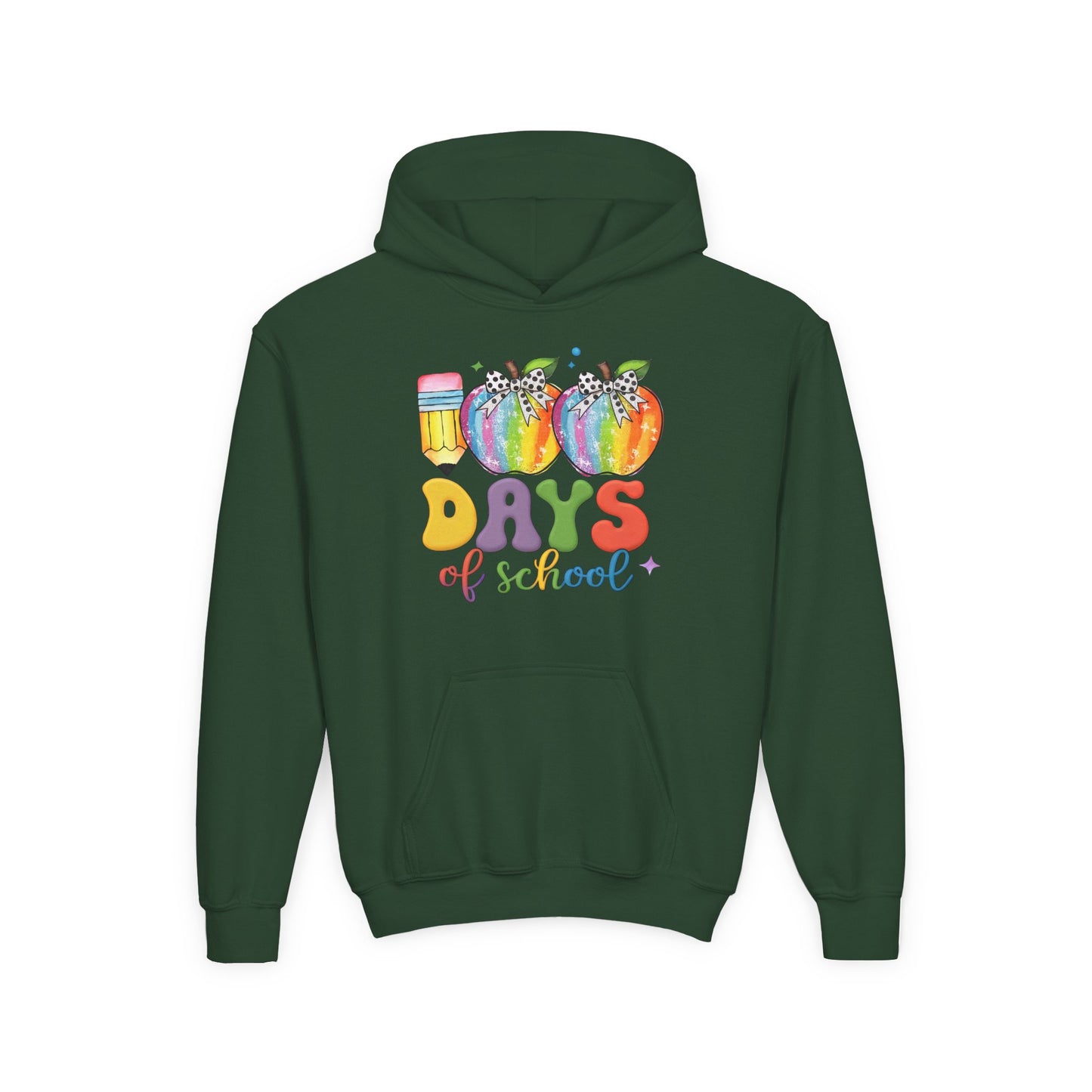 Colorful 100 Days of School Hoodie for Kids, Fun Sweatshirt for Students, Back to School Gift, Rainbow Apple Design, Classroom Forest Green