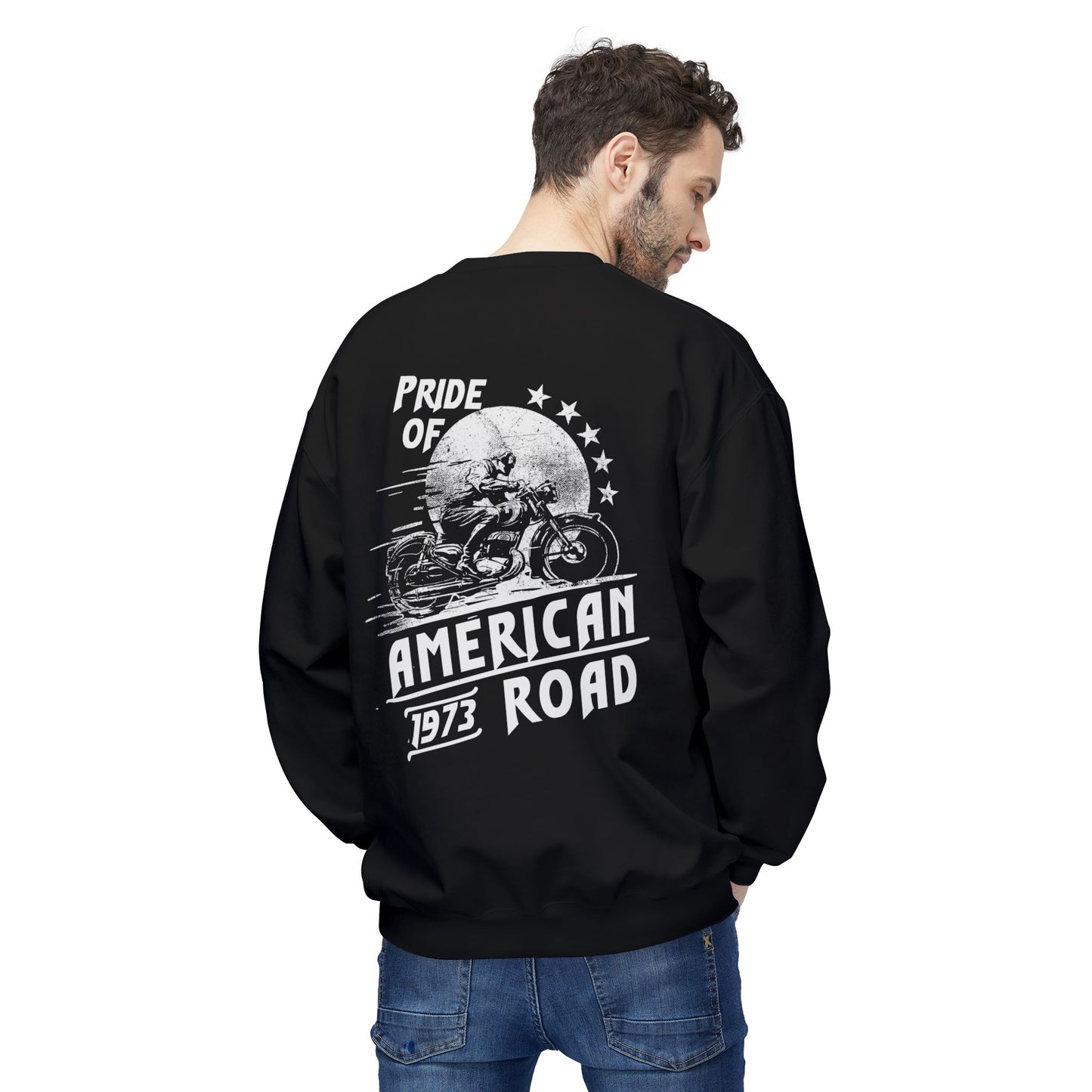 Pride of American Road Crewneck Sweatshirt, Cozy Unisex Fleece Top, Ideal Gift for Bikers, Road Trip Apparel, 1973 Vintage Style