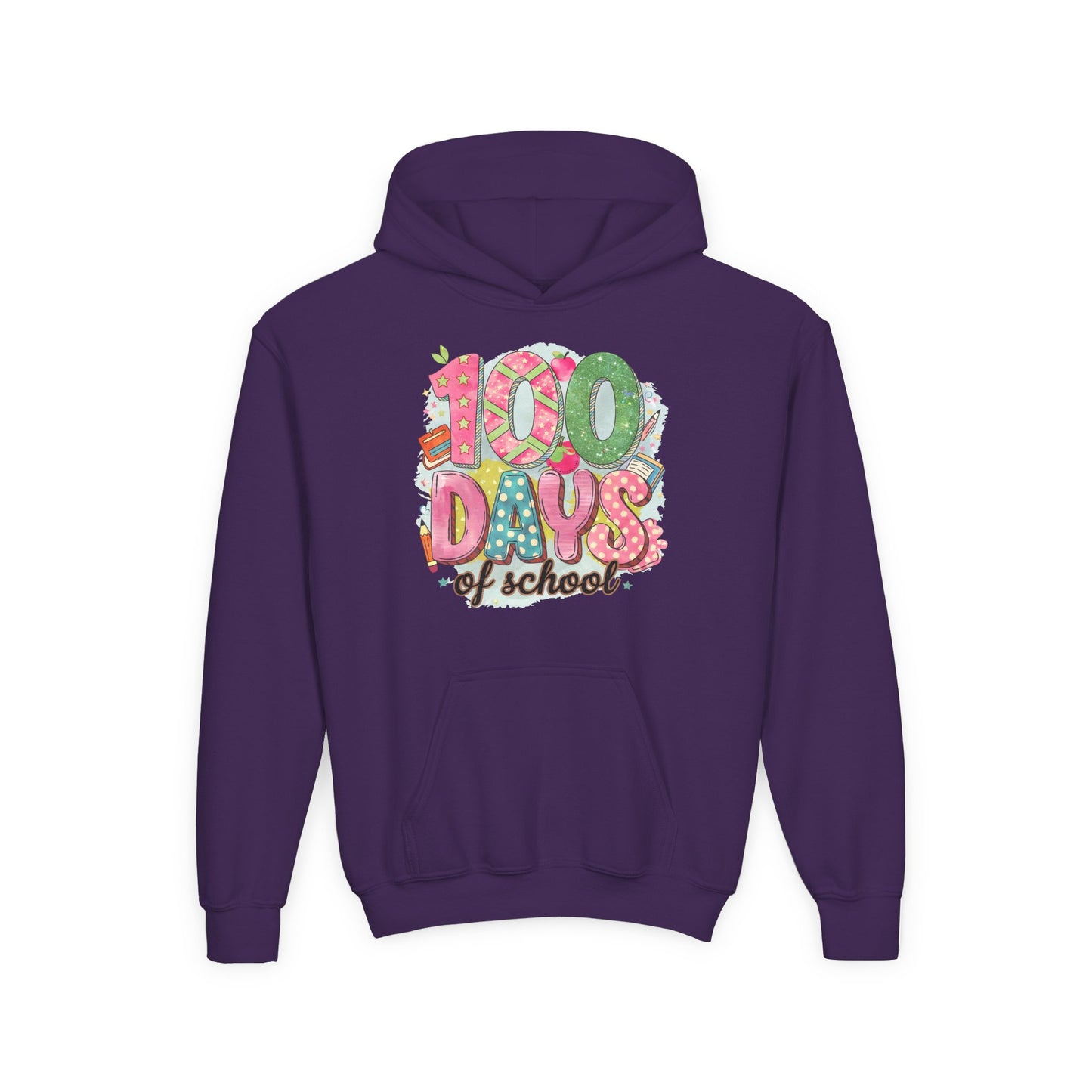 Youth 100 Days of School Hoodie, Fun School Spirit Wear, Kids Sweatshirt for Celebrations, Great for Classroom Parties, Cute Gift Idea Purple