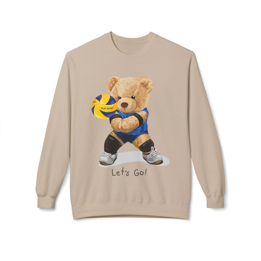 Cheerful Volleyball Bear Crewneck Sweatshirt, Cozy Fleece Top, Cute Sports Apparel, Unisex Gift for Athletes, Casual Wear, Let's Go! Sand