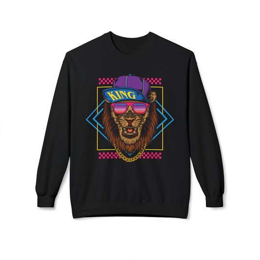 King Lion Graphic Crewneck Sweatshirt, Cozy Streetwear, Unisex Gift, Funny Animal Sweatshirt, Retro Style Apparel, Perfect for Any Occasion Black