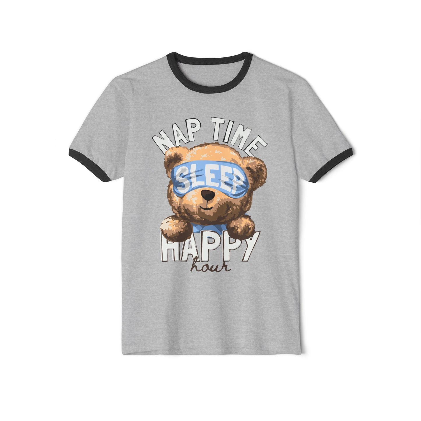 Nap Time Happy Hour Ringer T-Shirt - Cute Bear Graphic Tee, Relaxation Shirt, Gift for Sleep Lovers, Pajama Party Attire, Cozy Everyday Wear Heather Grey Black