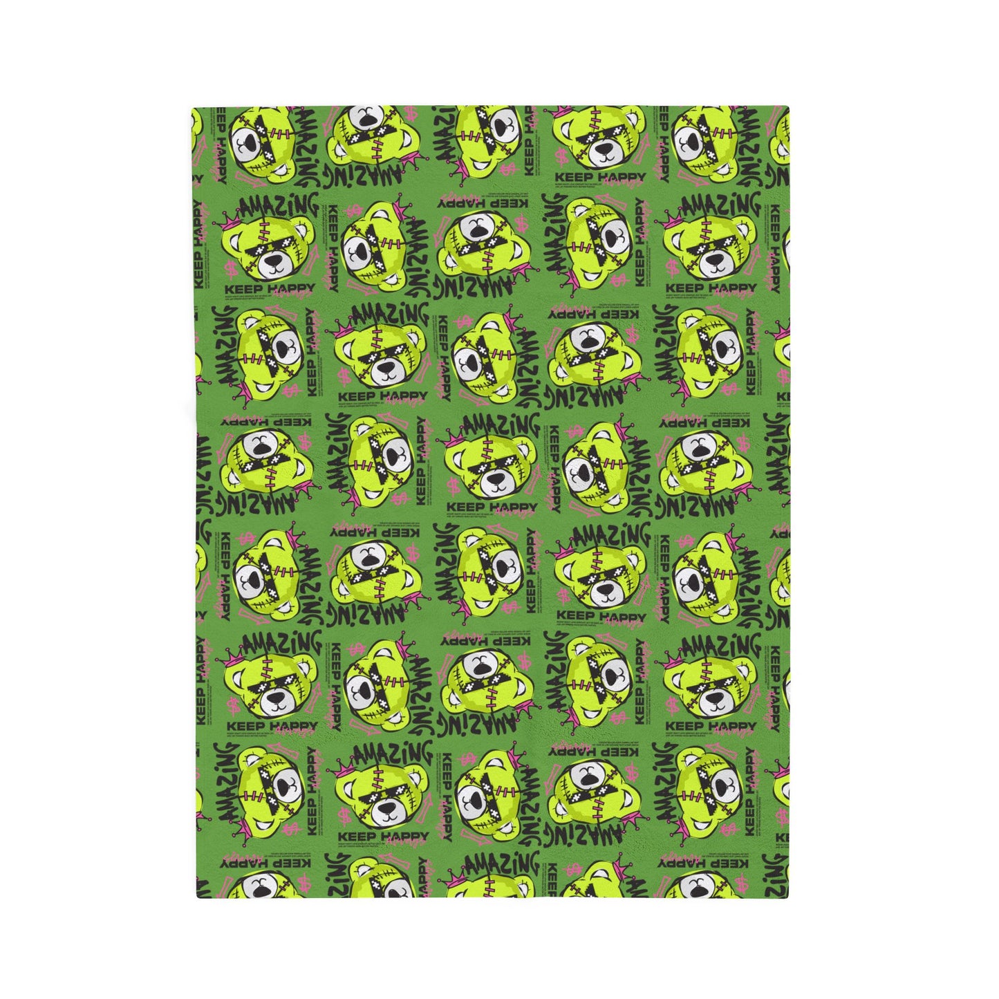 "Amazing" Green Bear Graphic Velveteen Plush Blanket – Soft Throw with "Keep Happy" Quote – Urban Streetwear Home Decor