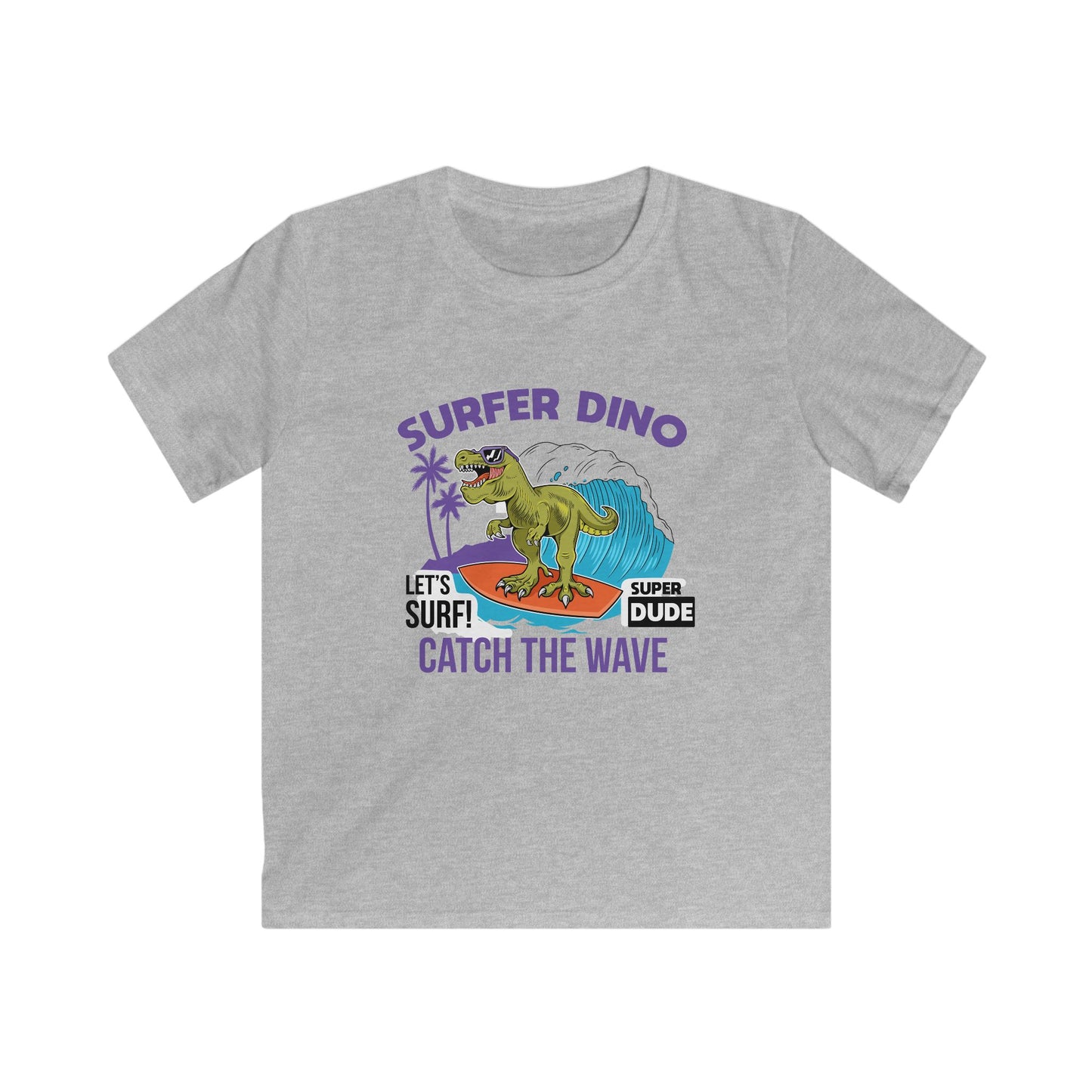 Dino Surf Kids Tee | Cool Summer Shirt, Surfing Dino Graphic, Fun Gift for Kids, Beachwear, Summer Parties, Kids Apparel Sport Grey