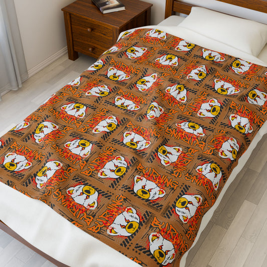 "Burning" Fiery Graphic Velveteen Plush Blanket – Soft Brown Throw with Flaming Bear – Streetwear Home Decor for Fall 50" × 60"