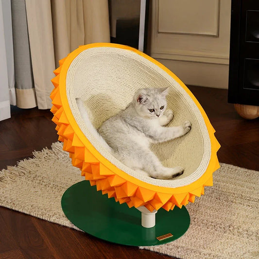 Cat lounging in a sunflower-shaped pet bed on a wooden floor.