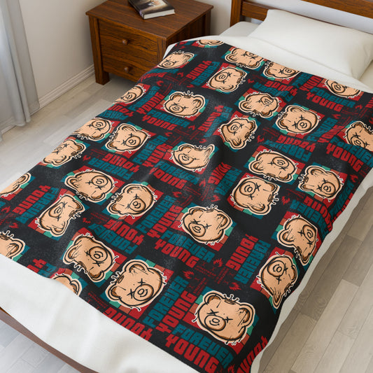 "Forever Young" Retro Graphic Velveteen Plush Blanket – Soft Black Throw with Teddy Bear – 90s Style Streetwear Decor 50" × 60"