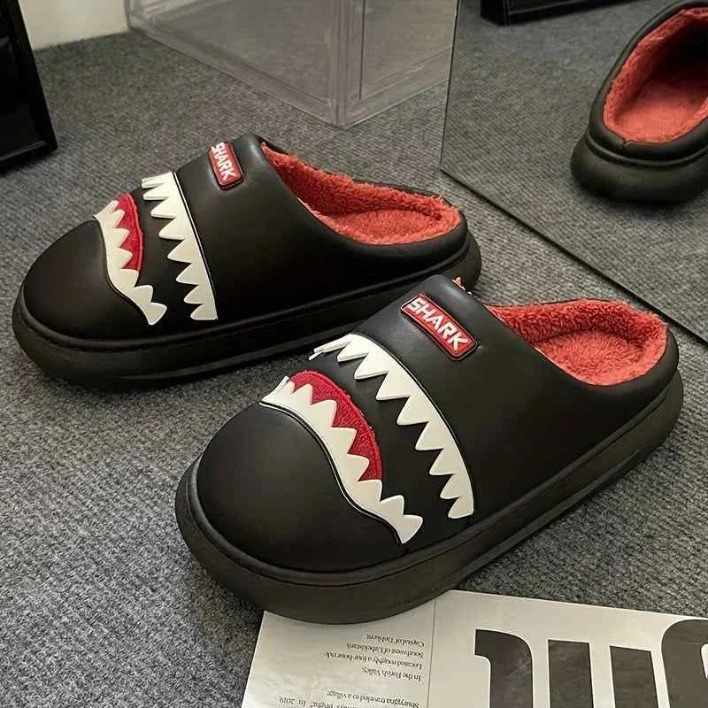 Kawaii Winter Plush Shark Slippers - Unisex Non-Slip Soft Warm EVA Home Shoes Black