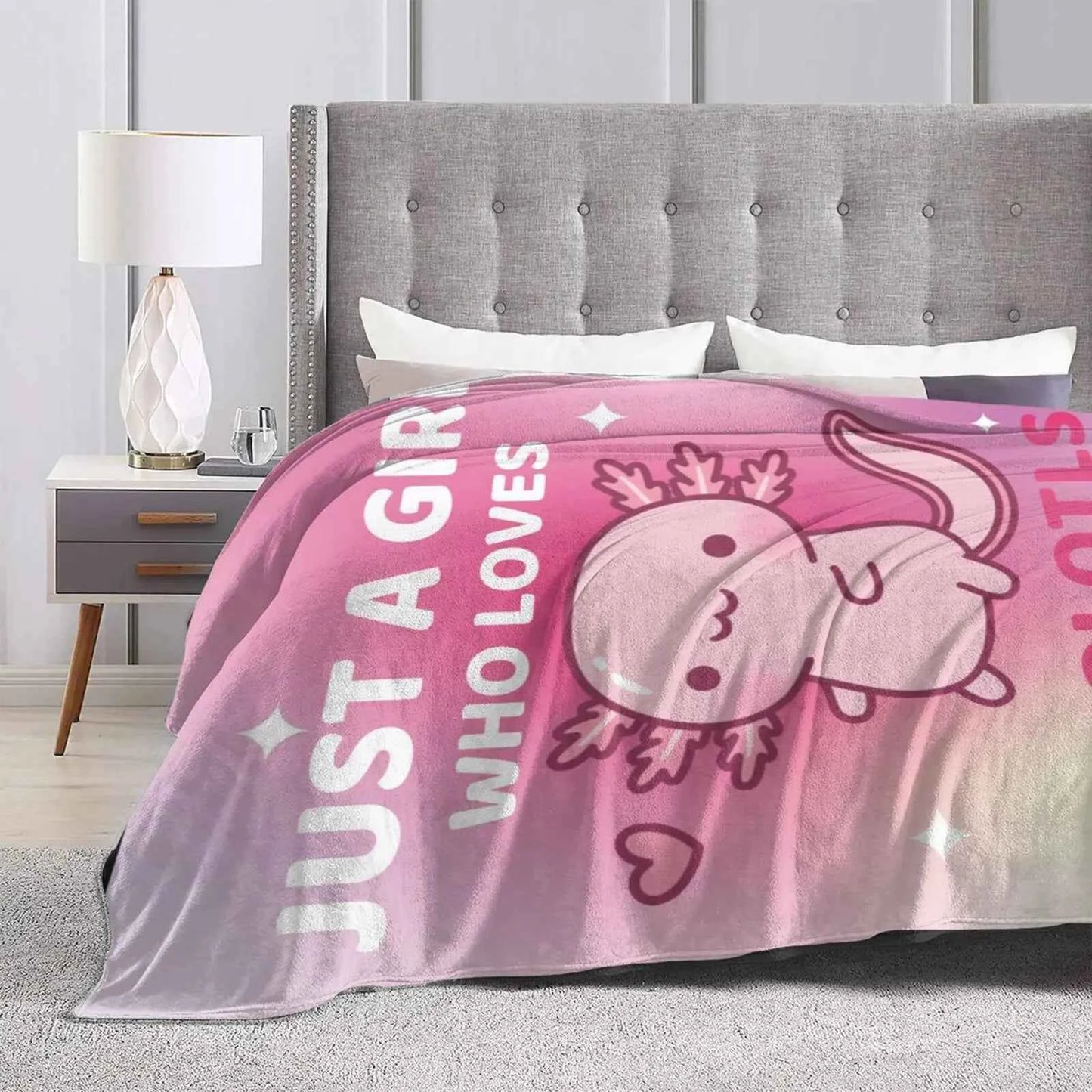 Kawaii Axolotl Animals Pink Print Flannel Blanke, Just A Girl Who Loves Axolotls, Multipurpose Living Room Sofa Outdoor Beach