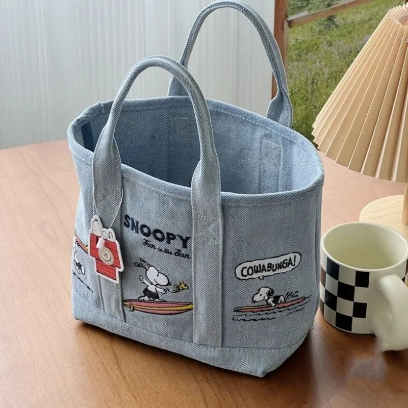 Snoopy Embroidered Canvas Tote Bag – Japanese Style Casual Handbag B S-8.3"x5.5"x3" (21x14x8cm)