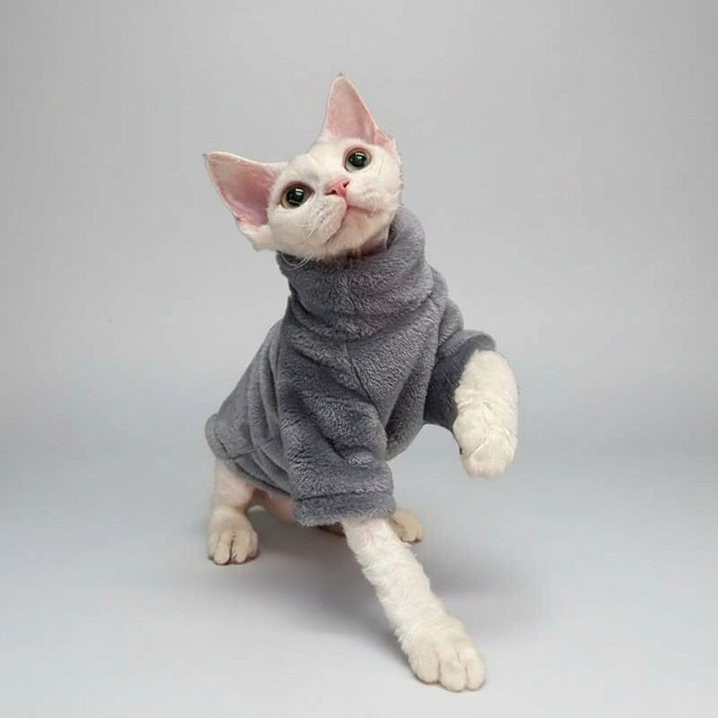 Sphynx Cat Turtleneck Sweater Coat - Winter Warm Hairless Cat Clothes Soft Fluff Pullover Puppy Jacket Grey