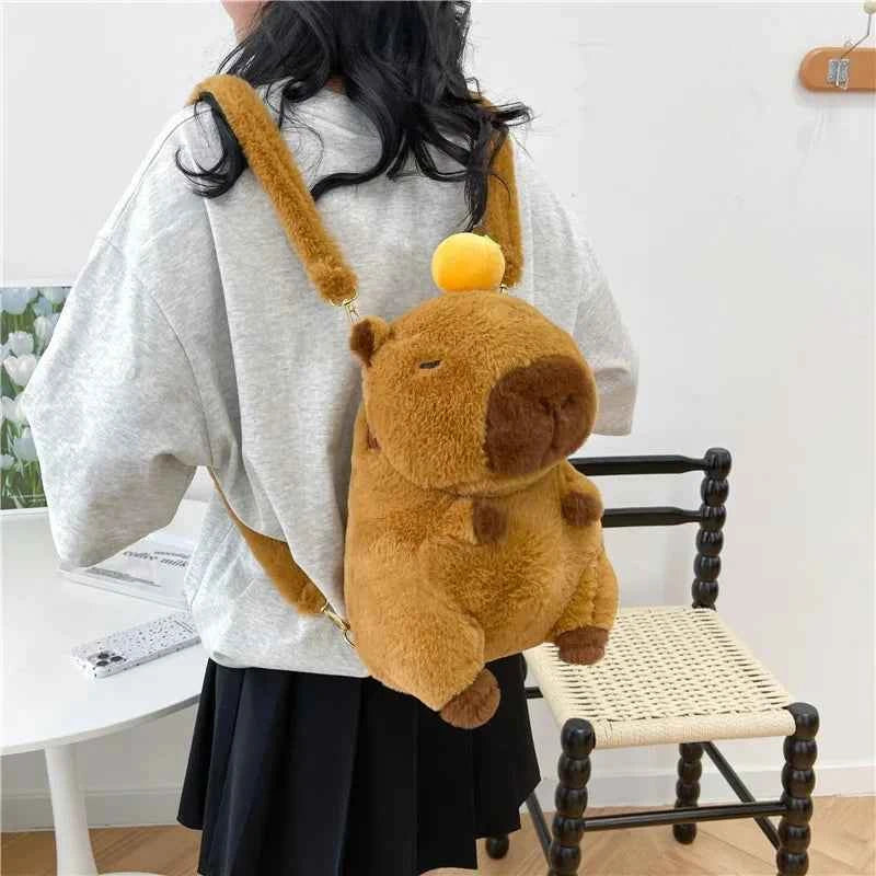 Kawaii Capybara Plush Backpack (12.6 x 7.9 in) - Cute Fur Shoulder Bag & Mini Knapsack Gift
