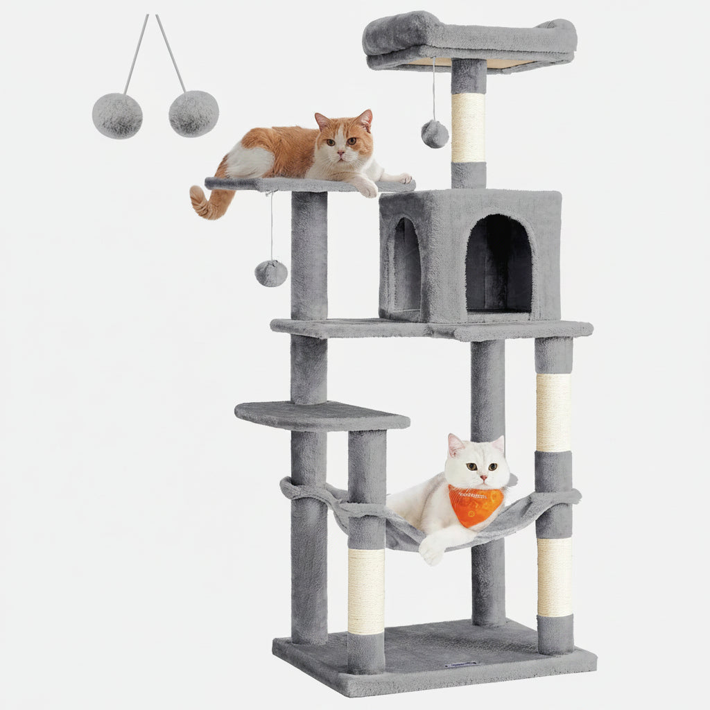 56.3" Multi-Cat Tree Tower Hammock, Condo & Scratching Posts for Indoor Cats Light Gray
