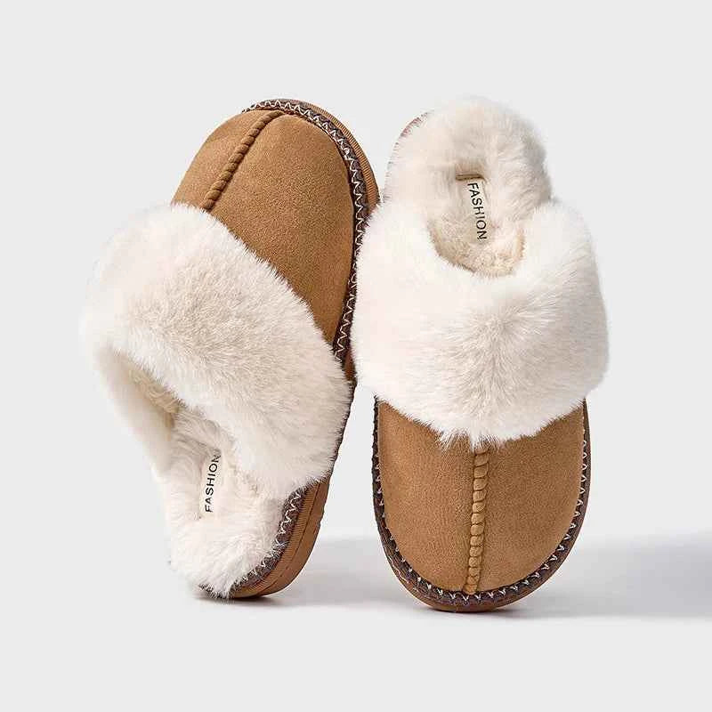 Fashion Leopard Fluffy House Slippers - Women's Warm Fur Collar Indoor Flat Sandals Khaki