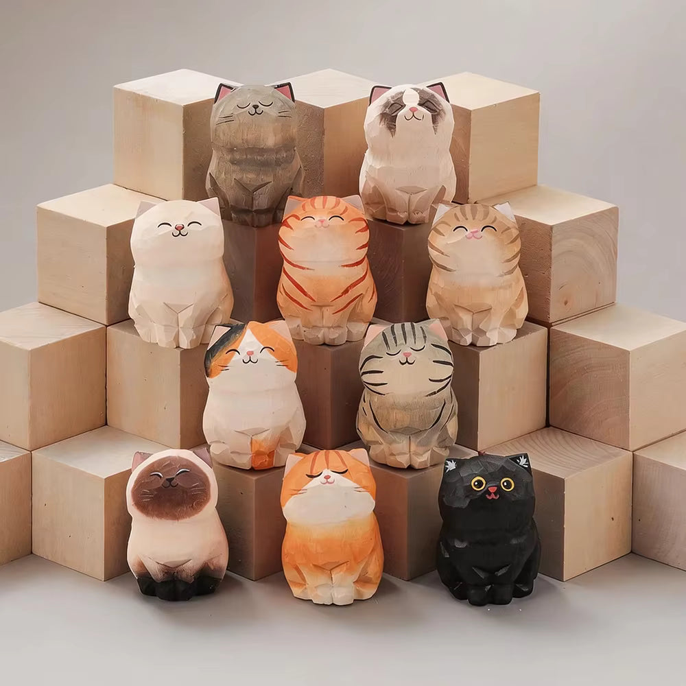 Handcrafted wood carving kitten statue Desk accessories Cat 10pcs set