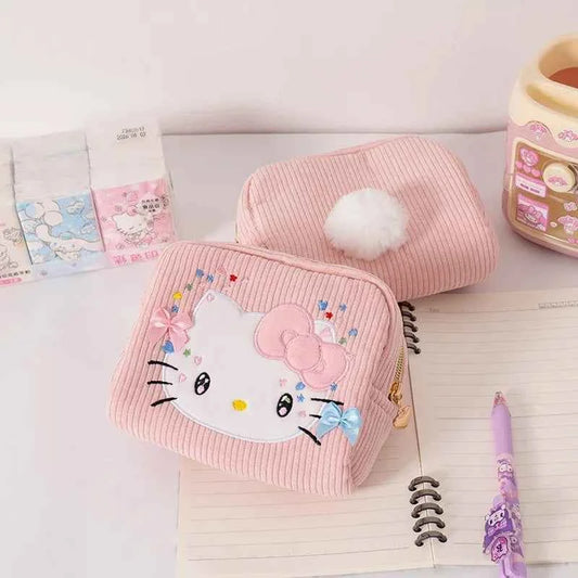 Lovely Hello Kitty Corduroy Cosmetic Bag - Pink Embroidery Cat Plush Purse (6.30 inches)