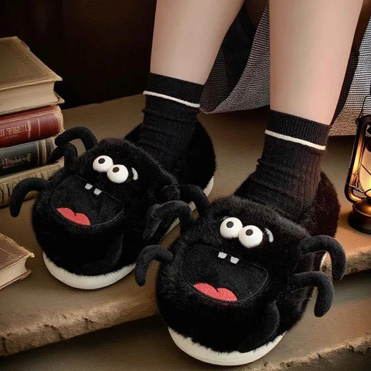 Cute 3D Spider Fluffy House Slippers - Women's Warm Winter Indoor Non-slip Shoes