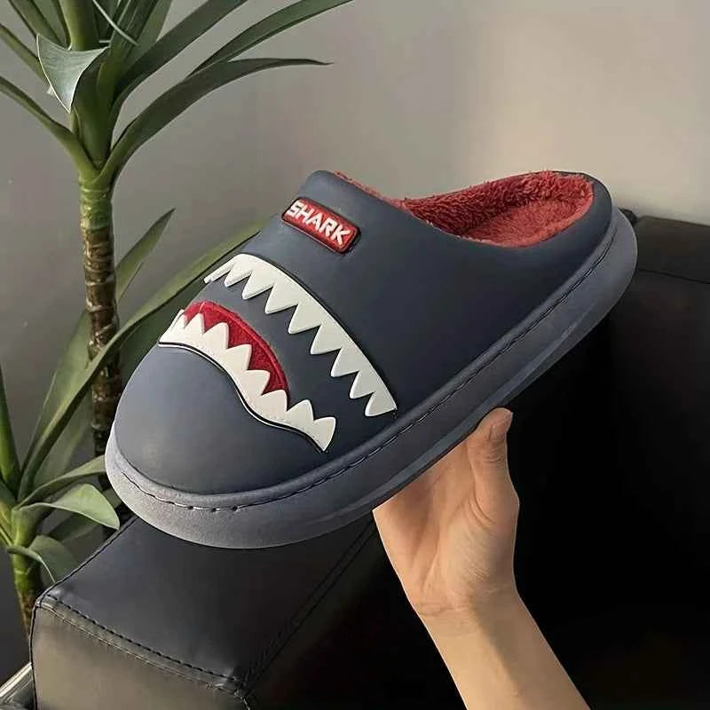Kawaii Winter Plush Shark Slippers - Unisex Non-Slip Soft Warm EVA Home Shoes Grey