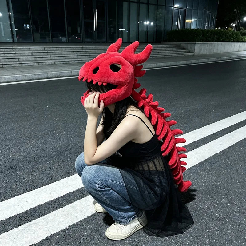 Dinosaur Plush Hat Celebrity-Style Cartoon Skeleton Headgear Soft Funny Doll Halloween Costume Toy Surprise Gift for All Ages red