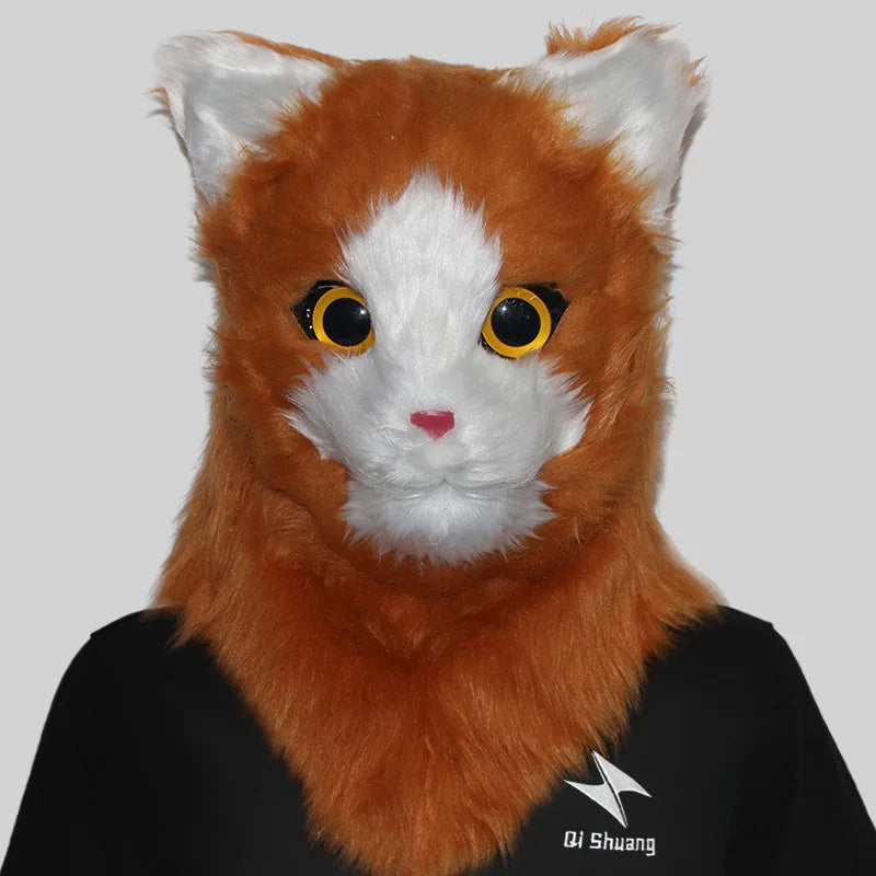 Movable Mouth Cat Mask – Realistic Full Head Cat Cosplay Mask Cat Yellow White 19.7"–25.6" (50–65cm)