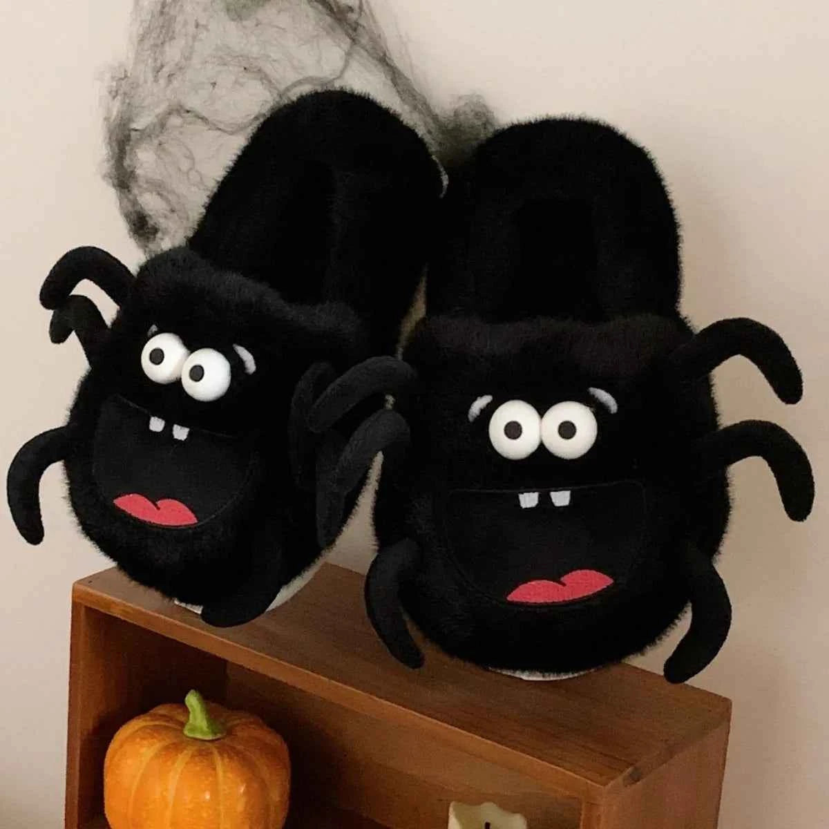 Cute 3D Spider Fluffy House Slippers - Women's Warm Winter Indoor Non-slip Shoes