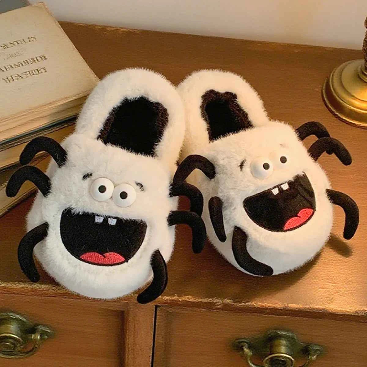 Cute 3D Spider Fluffy House Slippers - Women's Warm Winter Indoor Non-slip Shoes White