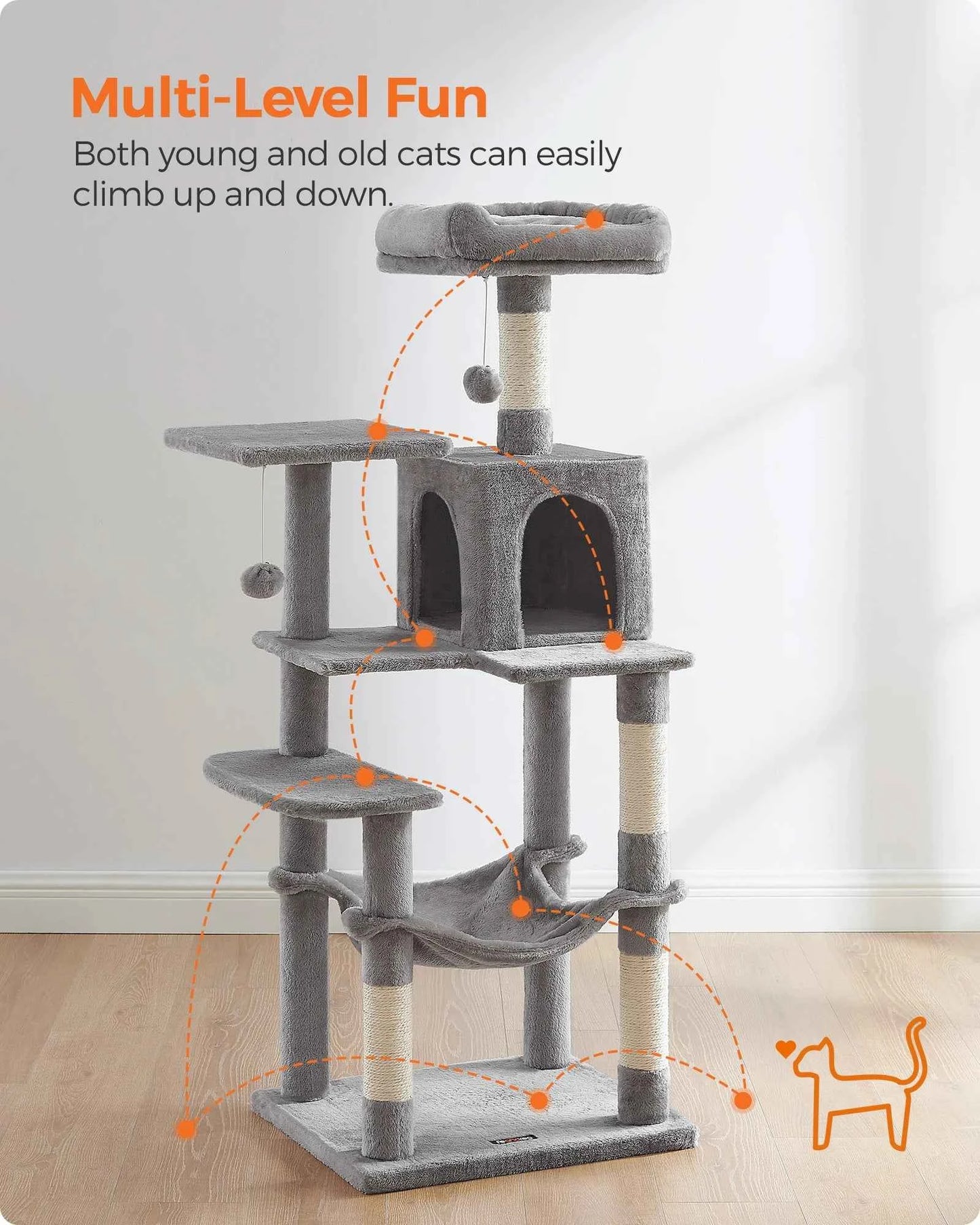 56.3" Multi-Cat Tree Tower: Hammock, Condo & Scratching Posts for Indoor Cats
