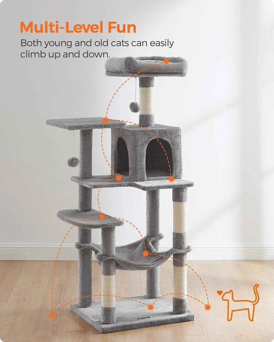 56.3" Multi-Cat Tree Tower: Hammock, Condo & Scratching Posts for Indoor Cats