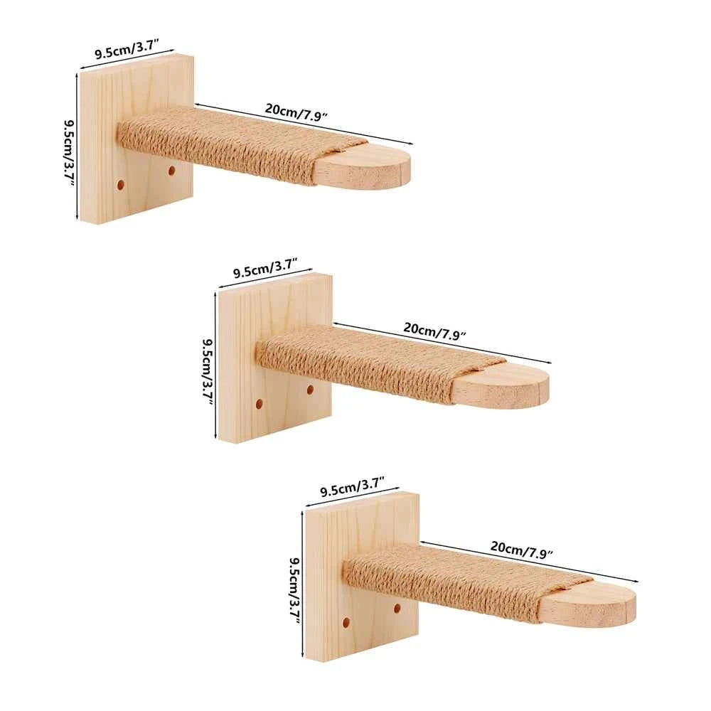 Wooden Cat Wall Steps Climbing Kitten Ladder Sisal Rope Pet 3 pieces