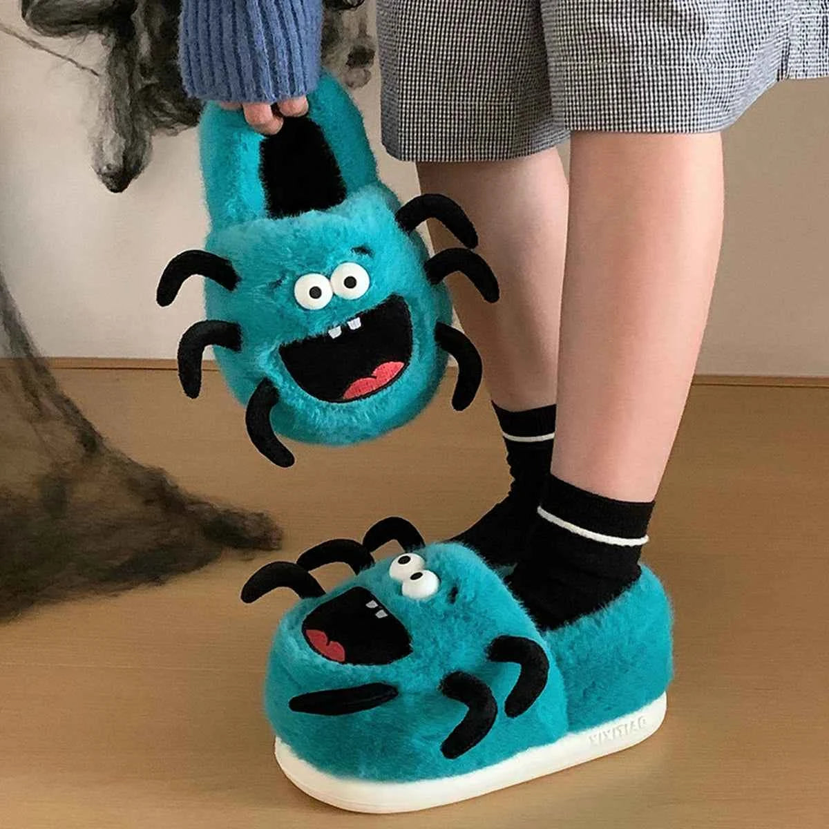 Cute 3D Spider Fluffy House Slippers - Women's Warm Winter Indoor Non-slip Shoes