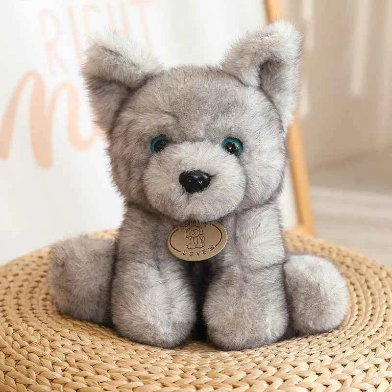 Plush Dog Husky Wolf Cub Stuffed Animal Soft Cuddly Realistic Lifelike Creative Brown Gray White Gift Kids Collectors LOVE Tag