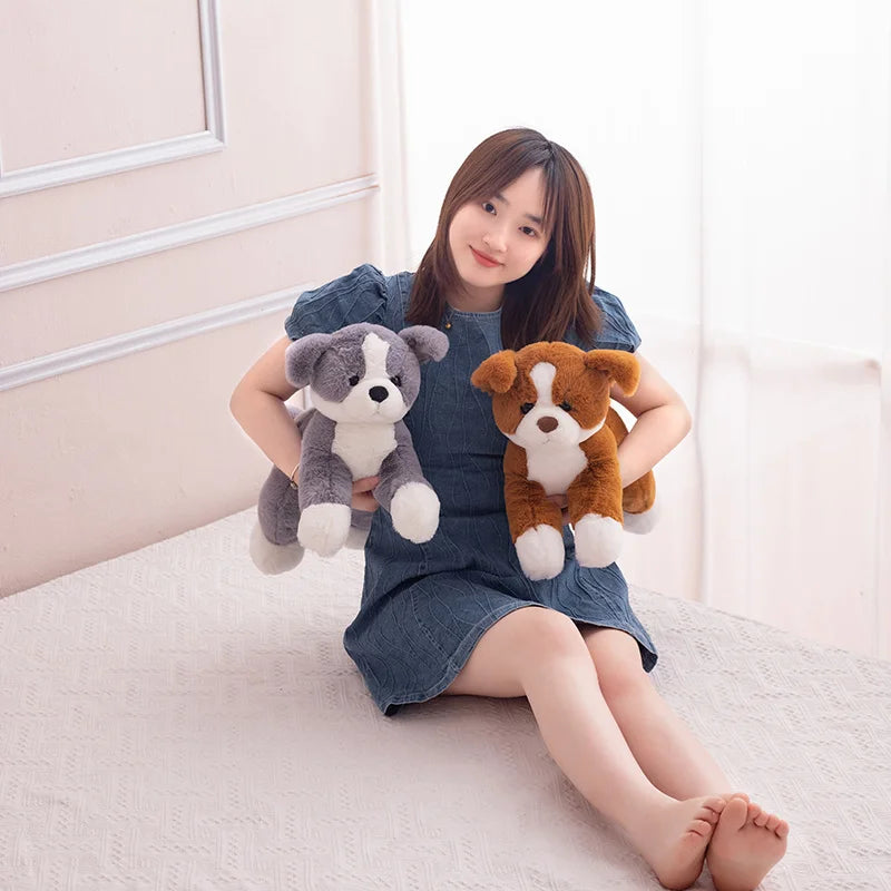 Kawaii Border Dog Plush Pillow – Simulation Puppy Stuffed Animal Cushion in Grey & Brown (50–100cm)