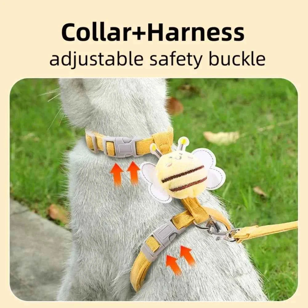 Cat Harness Leash Collar Set Adjustable Cartoon Bee Double Layer Dog Harness Small Medium Pet Collar Leash Outdoor Walking