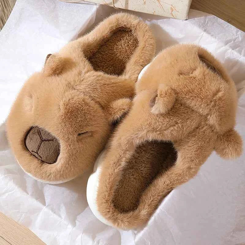 Kawaii Capybara Cotton Slippers - Women's Warm Fur Indoor Slides & Non-Slip Home Shoes