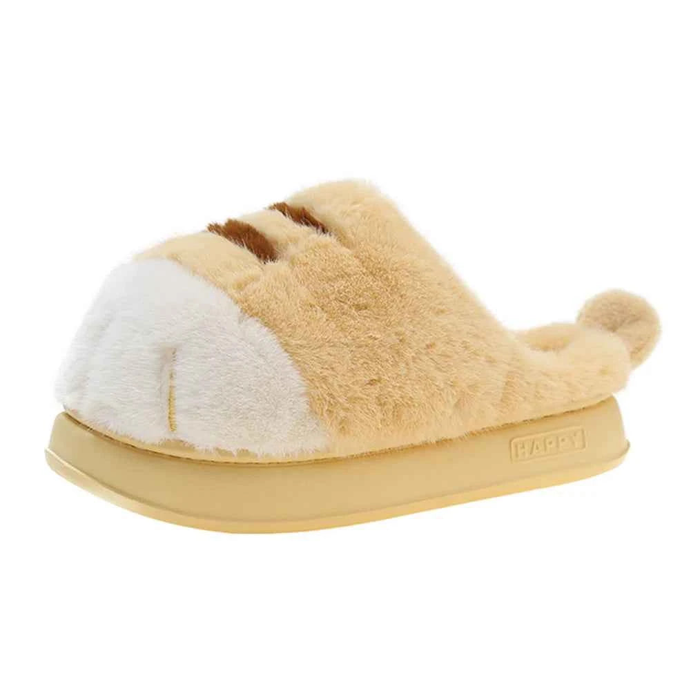 3D Cat Paw Plush Slippers Warm Slip-on House Shoes Furry Yellow