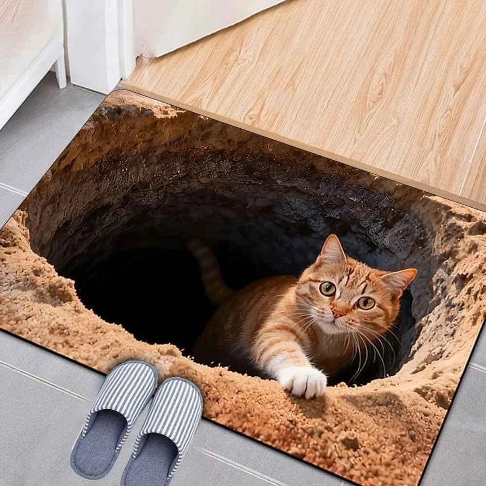 3D Optical Illusion Cat Round Hole Door Mat Daily Home Room 2