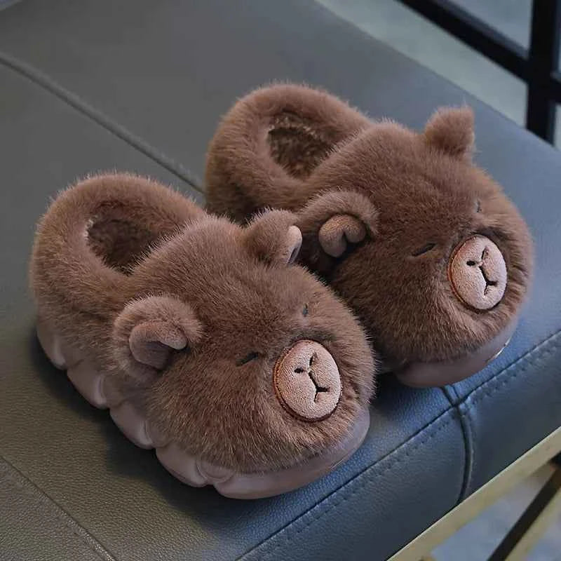 Kawaii Capybara Cotton Slippers - Kids Soft Warm Non-Slip Indoor Shoes Dark Coffee