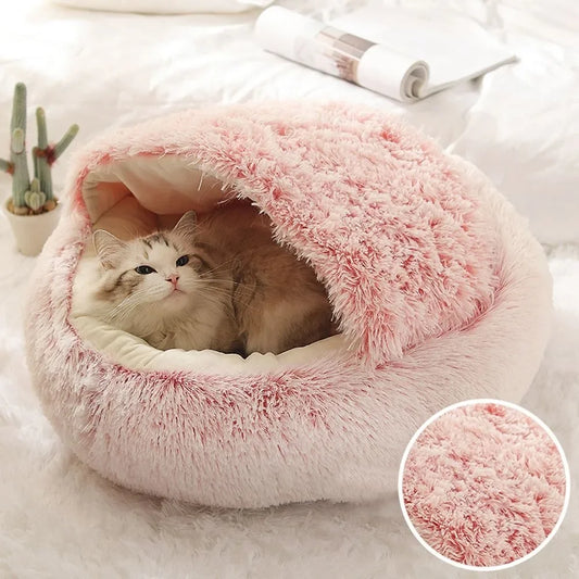 Soft Warm Long Plush Pet Bed Enclosed Round Cat Cushion Comfortable Sleep Bag Cat Nest Kennel for Small Pet Cat Nest Pink