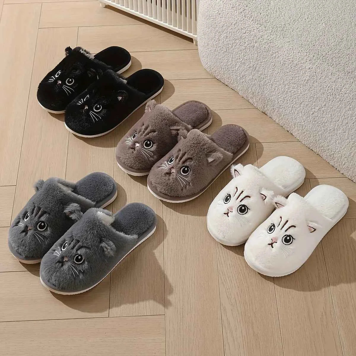 Kawaii Plush Cat Slippers - Women's Warm Winter Indoor Shoes with Soft Non-Slip EVA Sole
